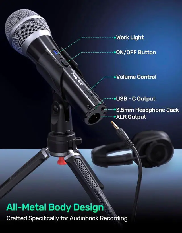 Alt view image 7 of 7 - Mic for Audiobook Recording, USB/XLR Dynamic Microphone, Noise-Canceling Handheld, Studio Mic Kit with Volume Control, Pop Filter, Ideal for Audiobook Recording, Narration, and Voice-Over Work