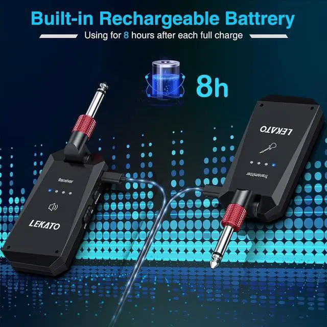 Alt view image 3 of 7 - LEKATO 5.8G Wireless Guitar System Upgraded Rechargeable Wireless Guitar Transmitter Receiver, Super Long 8 Hours Battery Life, 4 Channels Guitar Wireless System for Electric Guitar Bass(WS-90)
