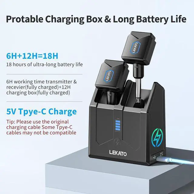 Alt view image 3 of 7 - LEKATO 5.8GHz Guitar Wireless System with Charging Case, Audio Wireless Guitar System with 4 Signal Channels Rechargeable Wireless Guitar Transmitter Receiver for Electric Guitar Bass Instruments