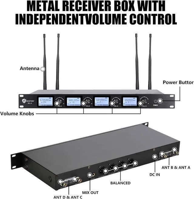 Alt view image 2 of 6 - EXOTON MU-4 Wireless Microphone System, 4 Channel UHF Cordless Handheld Mics Set - 10 Selectable Frequencies 500-598MHZ, Auto Scan & Memory Function, 300ft Range, Perfect for Events, Karaoke