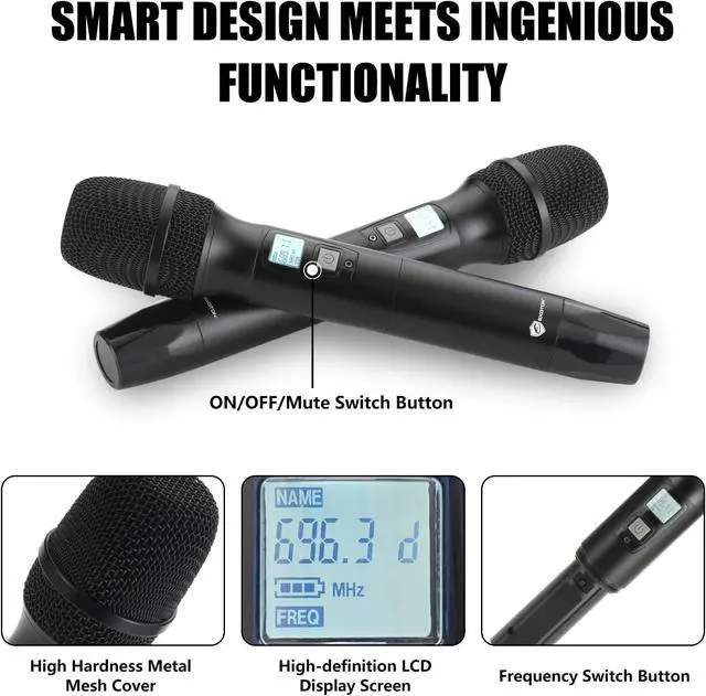 Alt view image 3 of 6 - EXOTON MU-4 Wireless Microphone System, 4 Channel UHF Cordless Handheld Mics Set - 10 Selectable Frequencies 500-598MHZ, Auto Scan & Memory Function, 300ft Range, Perfect for Events, Karaoke