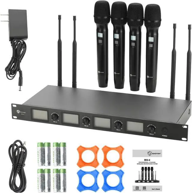 Alt view image 5 of 6 - EXOTON MU-4 Wireless Microphone System, 4 Channel UHF Cordless Handheld Mics Set - 10 Selectable Frequencies 500-598MHZ, Auto Scan & Memory Function, 300ft Range, Perfect for Events, Karaoke