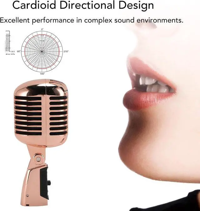 Alt view image 2 of 7 - Bewinner Retro Dynamic Vocal Microphone - Professional Classic Microphone with Self Tensioning Rack, Old Vintage Cardioid Mic for Live Performance Karaoke (Rose Gold)