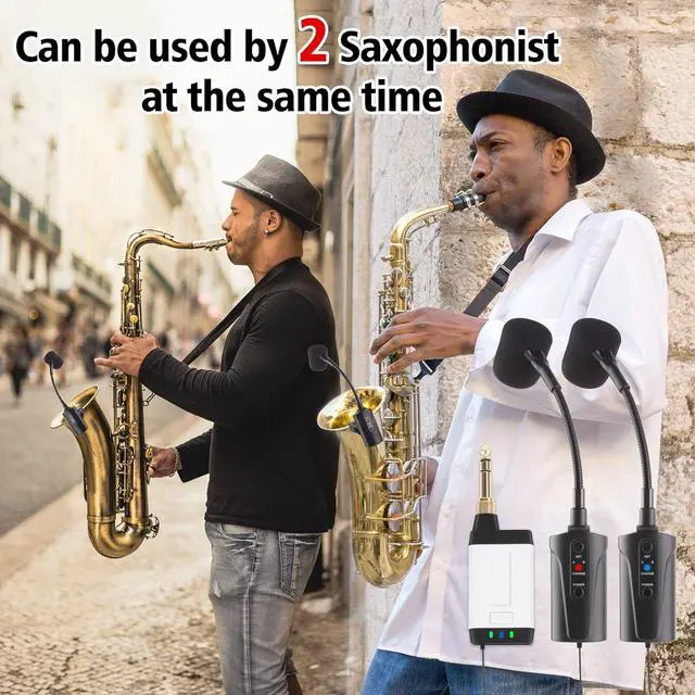 Alt view image 2 of 6 - Double Microphone for Saxophone Q2/ST-5 Wireless Sax Microphone Instrument UHF Condenser Pick Up Clip-on Mic Receiver and 2 Transmitter System for Saxophone French Horn Trumpet Trumbone