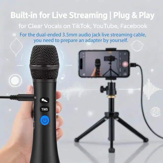Alt view image 5 of 7 - YF79 Wireless Bluetooth Microphone, 20W Portable Karaoke Machine with 2 Mic Duet, 10H Playtime, HD Dynamic Mic for Live Streaming, Party, Home Karaoke, Compatible with iOS/Android Phones