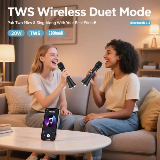 Alt view image 3 of 7 - YF79 Wireless Bluetooth Microphone, 20W Portable Karaoke Machine with 2 Mic Duet, 10H Playtime, HD Dynamic Mic for Live Streaming, Party, Home Karaoke, Compatible with iOS/Android Phones