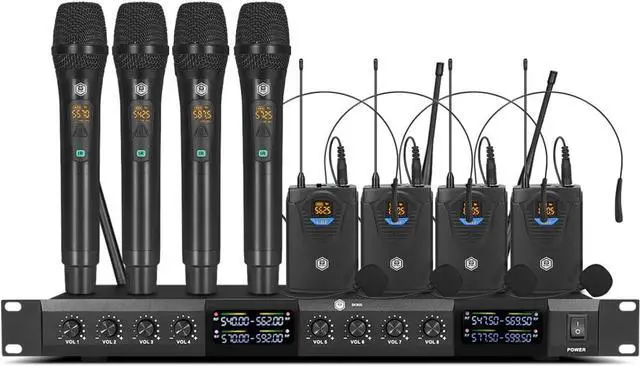 Main image of W IN-MIX UHF Wireless Microphones System with 4 Cordless Handheld and 4 Headset/Lavalier Lapel Mics, Bodypack Transmitter, Receiver, 165ft Range for Singing Karaoke Church Party