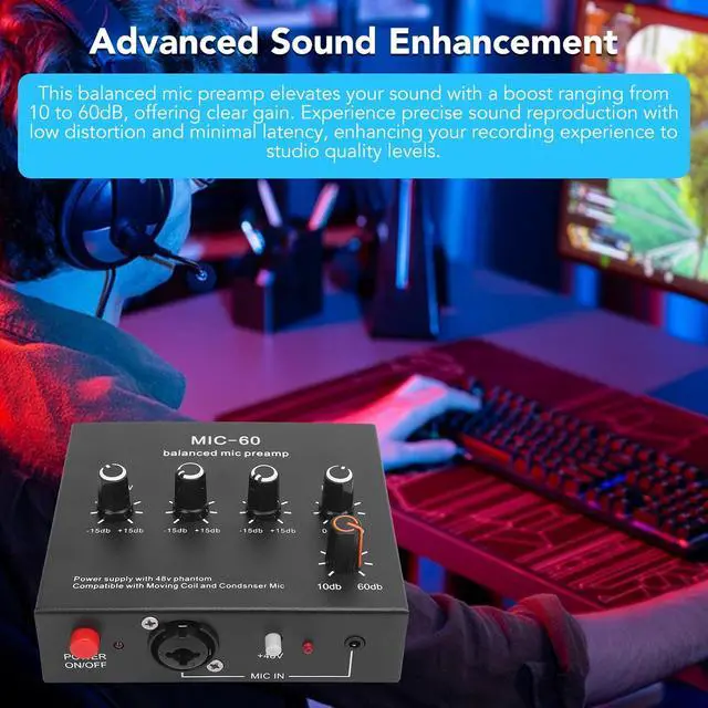 Alt view image 5 of 7 - Mic Preamp, Enhance Sound Quality 48V Power XLR Output Microphone Preamp for Dynamic and Condenser Mics with Boost for Recording Studio and Live Streaming