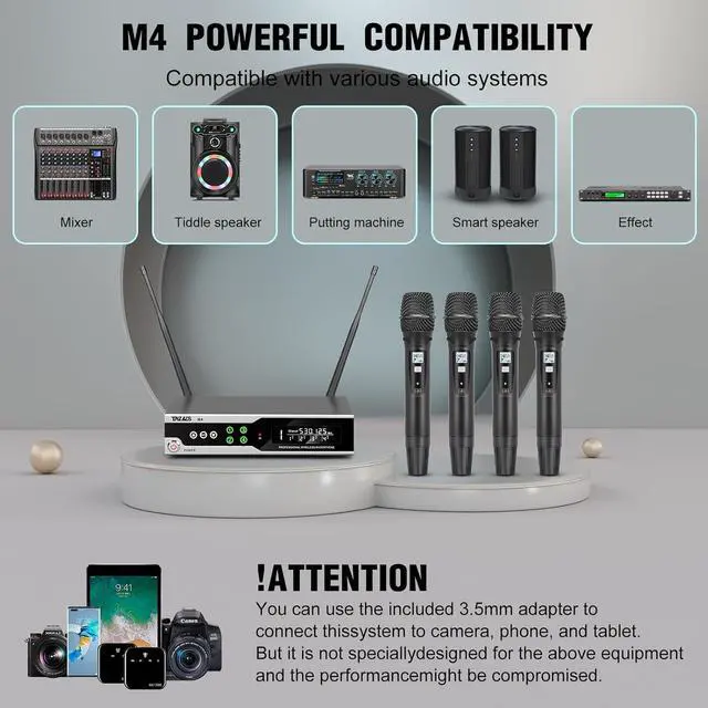 Alt view image 7 of 7 - Wireless Microphone System, 4 Channel UHF System with Handheld Microphone, Dual Cordless Karaoke Microfono Set, 300FT Wireless Range, Suitable for Performances, Conferences, Wedding