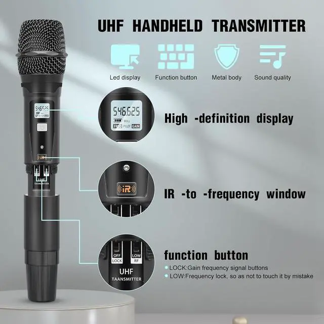 Alt view image 2 of 7 - Wireless Microphone System, 4 Channel UHF System with Handheld Microphone, Dual Cordless Karaoke Microfono Set, 300FT Wireless Range, Suitable for Performances, Conferences, Wedding