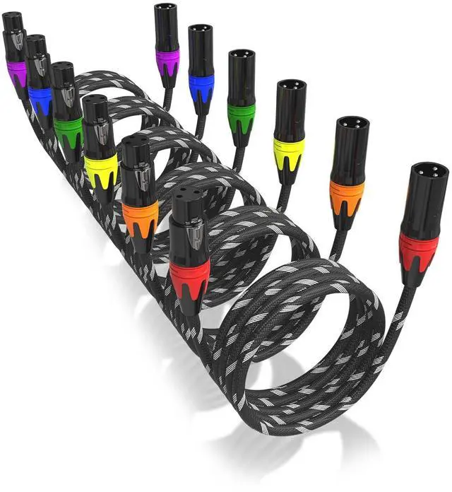 Main image of XLR Cables  6-Pack 10ft Professional Microphone Cables with Multicolored Tips  Hi-Fi Sound  3-Pin Male to Female XLR Microphone Cable Set  Oxygen-Free Copper Wiring - Durable Braided Jacket