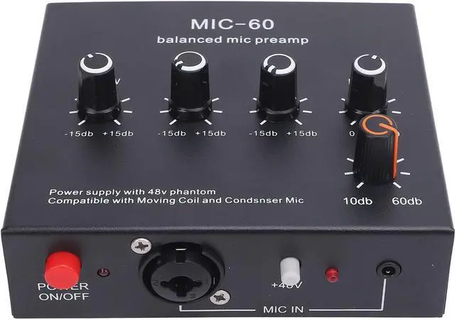 Main image of Microphone Preamp Gain Mic Booster, 48V XLR Balanced Dynamic and Condenser Mic Preamp for Recording Studio Live Streaming