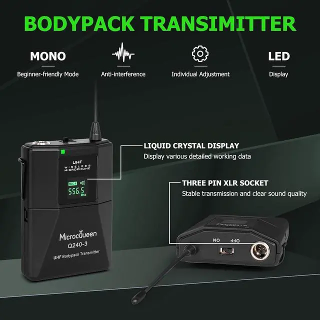 Alt view image 2 of 7 - Wireless Microphone System, 4-Channel Cordless Mic Set with Handheld/Bodypack/Headset/Lapel, Metal Build, Fixed Frequency, 400ft Coverage, Ideal for Karaoke/Party/Wedding/Concert