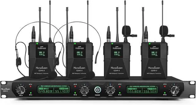 Main image of Wireless Microphone System, 4-Channel Cordless Mic Set with Handheld/Bodypack/Headset/Lapel, Metal Build, Fixed Frequency, 400ft Coverage, Ideal for Karaoke/Party/Wedding/Concert