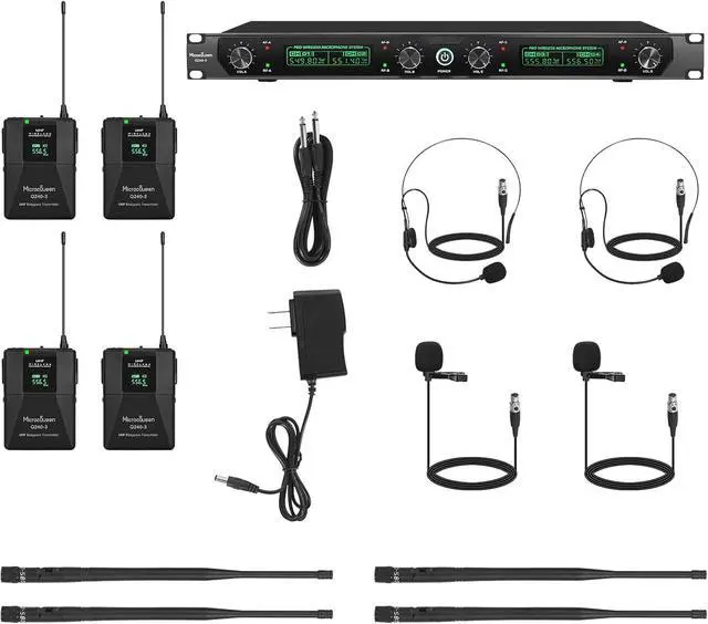 Alt view image 6 of 7 - Wireless Microphone System, 4-Channel Cordless Mic Set with Handheld/Bodypack/Headset/Lapel, Metal Build, Fixed Frequency, 400ft Coverage, Ideal for Karaoke/Party/Wedding/Concert