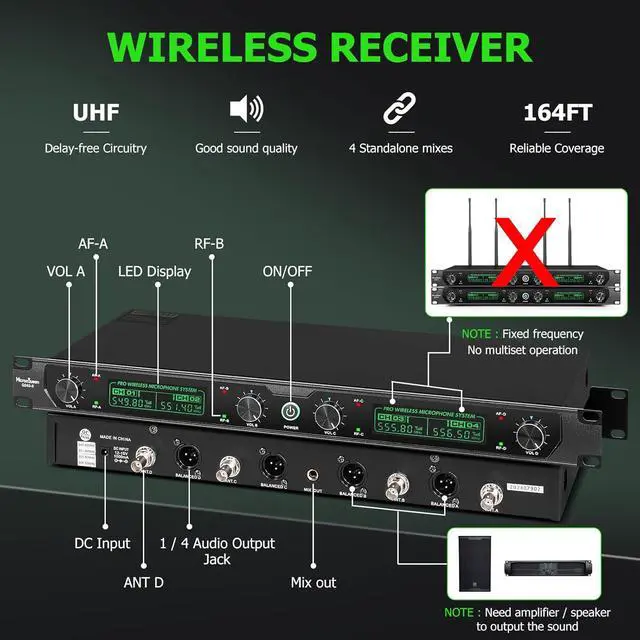 Alt view image 3 of 7 - Wireless Microphone System, 4-Channel Cordless Mic Set with Handheld/Bodypack/Headset/Lapel, Metal Build, Fixed Frequency, 400ft Coverage, Ideal for Karaoke/Party/Wedding/Concert