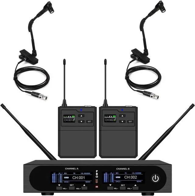Main image of Dual Instrument Wireless Microphone System for Saxophone Trumpet Wireless Wind Instrument with 2 WB98H/C - Instrument Microphone Clip-on Condenser, 2 Beltpack Transmitter, Long Range 490ft, Black