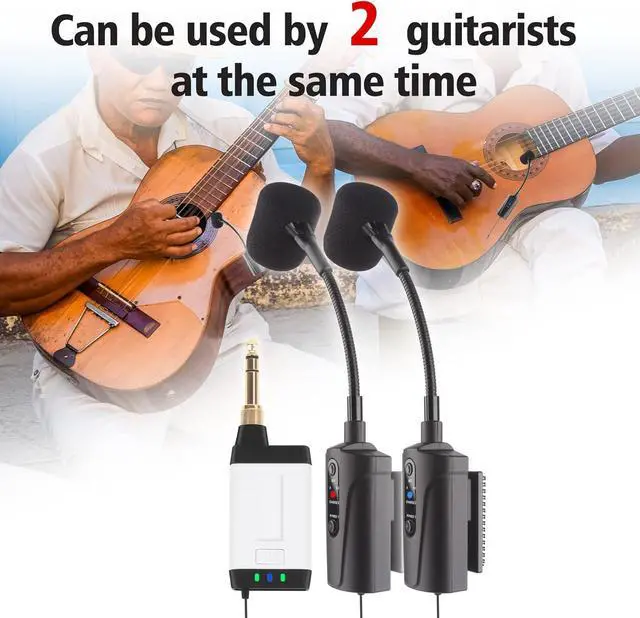 Alt view image 2 of 6 - Double Microphone for Guitar Q2/AT-5G Guitar Microphone Wireless UHF Mic Instrument Condenser Pick Up Receiver and 2 Transmitter System for Classical and Acoustic Guitar