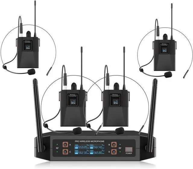 Main image of ST-102 4-Channel Wireless Microphone System, UHF Wireless Microphone kit with 4 Bodypacks and 4 Headsets Mics, auto-scan, 200-foot Coverage, for Singing, Karaoke, DJs, Churches