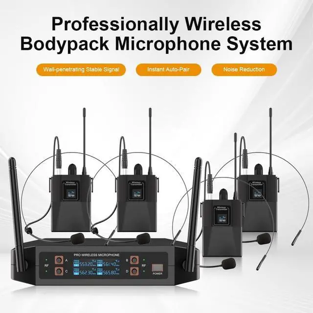 Alt view image 2 of 7 - ST-102 4-Channel Wireless Microphone System, UHF Wireless Microphone kit with 4 Bodypacks and 4 Headsets Mics, auto-scan, 200-foot Coverage, for Singing, Karaoke, DJs, Churches