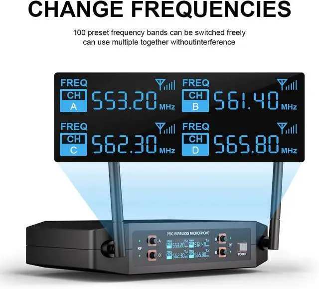 Alt view image 4 of 7 - ST-102 4-Channel Wireless Microphone System, UHF Wireless Microphone kit with 4 Bodypacks and 4 Headsets Mics, auto-scan, 200-foot Coverage, for Singing, Karaoke, DJs, Churches