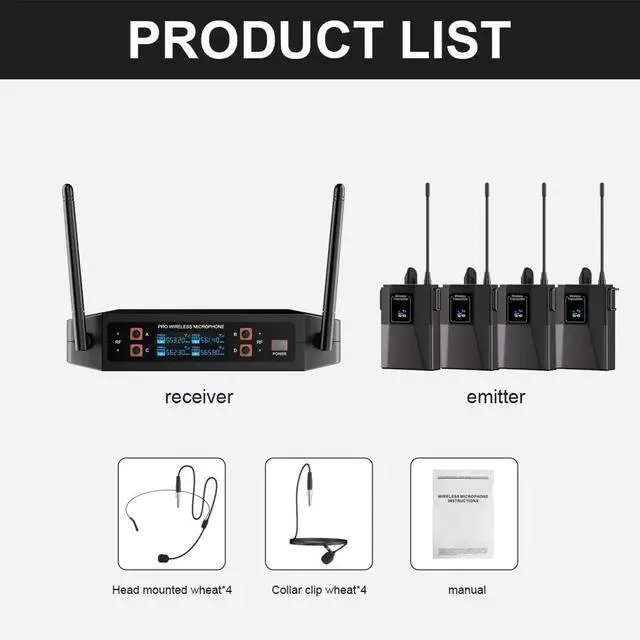 Alt view image 7 of 7 - ST-102 4-Channel Wireless Microphone System, UHF Wireless Microphone kit with 4 Bodypacks and 4 Headsets Mics, auto-scan, 200-foot Coverage, for Singing, Karaoke, DJs, Churches