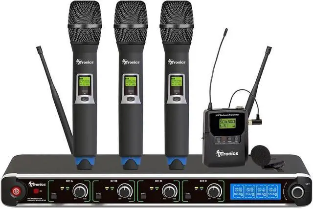Main image of Professional Wireless Microphone System, 200 Channel UHF 3 Handheld and 1 Belt Pack and Lavalier, Mic System for Speech, Singing, Events, Church, Karaoke, DJ, Party, and classrooms. Black