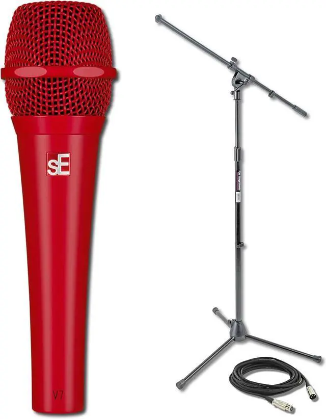 Main image of sE Electronics V7 Supercardioid Dynamic Handheld Vocal Microphone - Red with Tripod Microphone Stand and XLR Cable