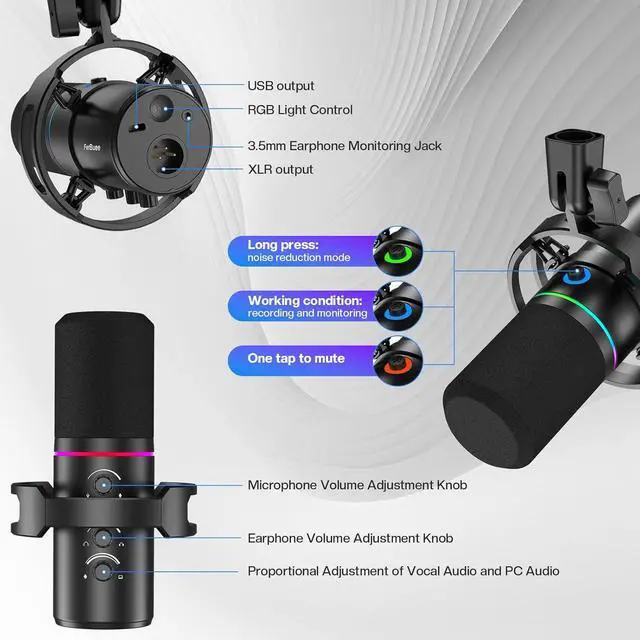 Alt view image 2 of 6 - XLR USB Dynamic Microphone with RGB Light, Volume Control, Mute Button, 3.5mm Headphone Jack. Compatible with Mixers, Sound Cards, PC, MAC, PS4, PS5 (Microphone with Boom Arm)