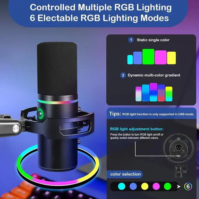 Alt view image 6 of 6 - XLR USB Dynamic Microphone with RGB Light, Volume Control, Mute Button, 3.5mm Headphone Jack. Compatible with Mixers, Sound Cards, PC, MAC, PS4, PS5 (Microphone with Boom Arm)