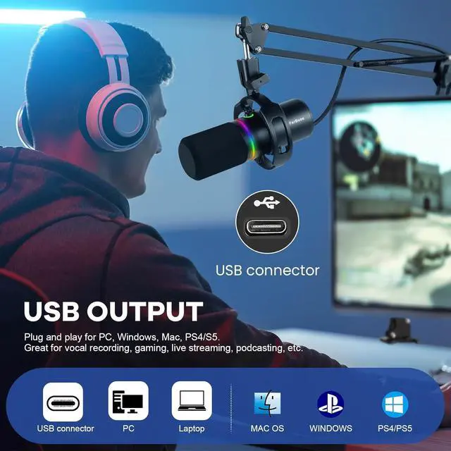 Alt view image 5 of 6 - XLR USB Dynamic Microphone with RGB Light, Volume Control, Mute Button, 3.5mm Headphone Jack. Compatible with Mixers, Sound Cards, PC, MAC, PS4, PS5 (Microphone with Boom Arm)