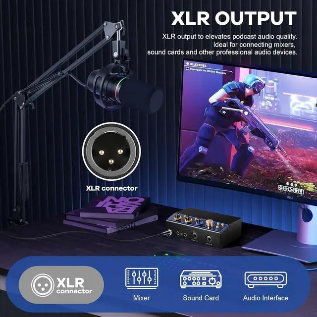 Alt view image 4 of 6 - XLR USB Dynamic Microphone with RGB Light, Volume Control, Mute Button, 3.5mm Headphone Jack. Compatible with Mixers, Sound Cards, PC, MAC, PS4, PS5 (Microphone with Boom Arm)