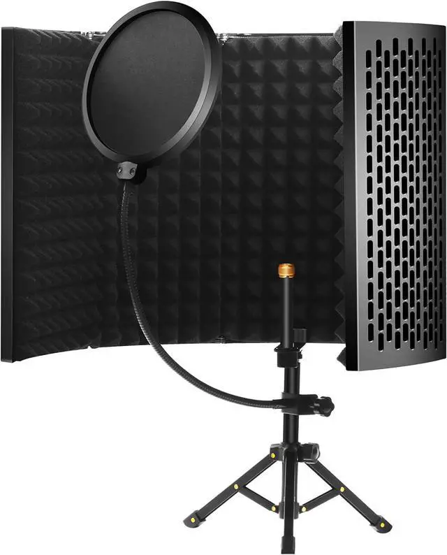 Main image of Microphone Isolation Shield with Pop Filter and Tripod Stand, 5-Panel Vocal Booth Foldable High Density Absorbent Foam Suit for Blue Yeti & Any Condenser Mic, Studio Sound Recording Singing
