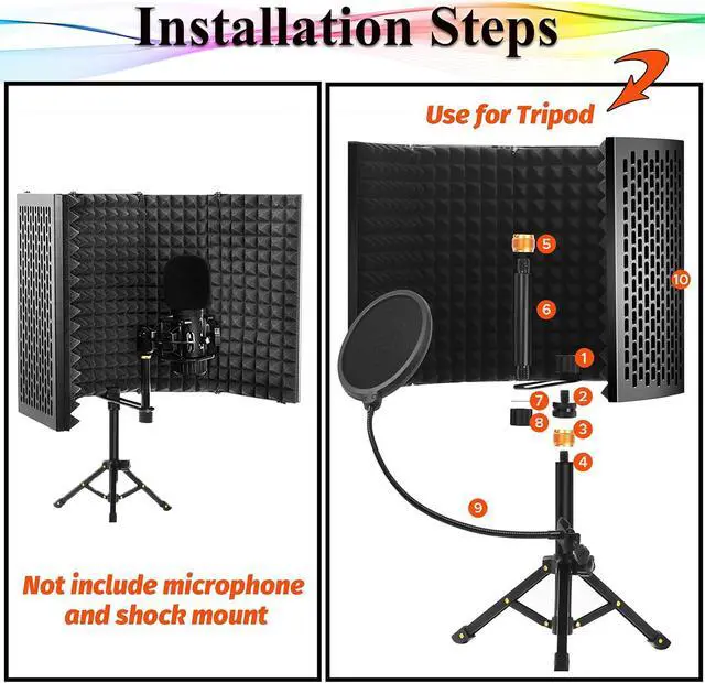 Alt view image 2 of 6 - Microphone Isolation Shield with Pop Filter and Tripod Stand, 5-Panel Vocal Booth Foldable High Density Absorbent Foam Suit for Blue Yeti & Any Condenser Mic, Studio Sound Recording Singing