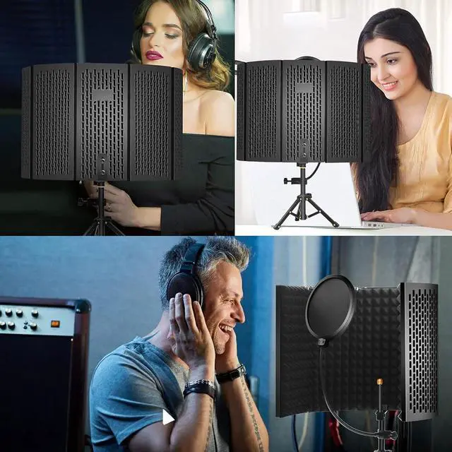 Alt view image 3 of 6 - Microphone Isolation Shield with Pop Filter and Tripod Stand, 5-Panel Vocal Booth Foldable High Density Absorbent Foam Suit for Blue Yeti & Any Condenser Mic, Studio Sound Recording Singing