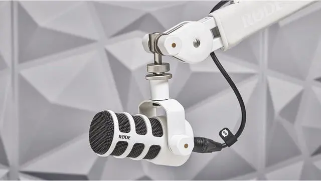 Alt view image 7 of 7 - Rode PodMic Cardioid Dynamic Broadcast Microphone (White, Pair) with 2X Round Base Desktop Mic Stands, Monitoring Headphones, XLR Cables and Polishing Cloths