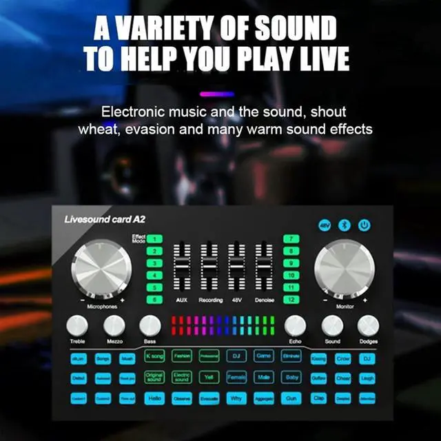 Alt view image 2 of 6 - Professional Audio Mixer,A2 Live Sound Card Portable Bluetooth Sound Card Professional Adjustable Volume Audio for Music Recording Karaoke Singing