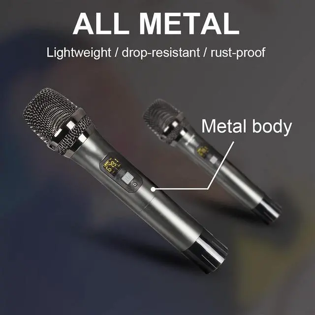 Alt view image 2 of 6 - Microphone Professional Dynamic Wireless Microphone Dual UHF Recording Karaoke Handheld Mic 2 Channels 50m Range Lithium Battery Metal Body Cordless Microphone