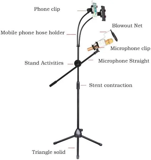Alt view image 2 of 4 - Adjustable Office Microphone Stand with Dual Mobile Phone Holders, Telescopic Tripod for Singing and Live Performance, 75-140cm, Black