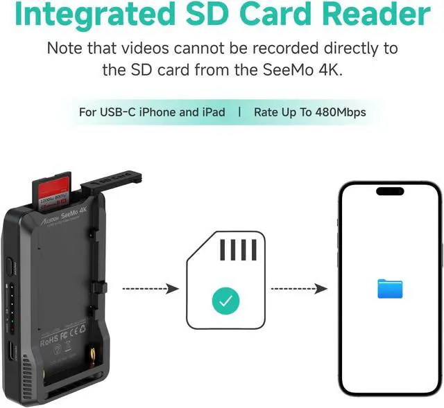 Alt view image 5 of 7 - Accsoon SeeMo 4K HDMI Adapter Video Transmission System, 4K30/1080p60 iOS/HDMI Transmitter Phone Monitor SD Card Reader for Live Streaming/Real-Time Monitoring/Receording/Sharing (iOS 12 or Later)