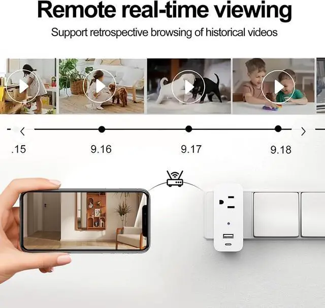 Alt view image 2 of 7 - ULar Plug Security Camera, Mini 1080P FHD WiFi Cam with 3-Device Charging, Built-in 32GB SD Card, APP Real-Time Motion Detection, Wall Powered Wireless Multifunction Smart Indoor(No Audio)