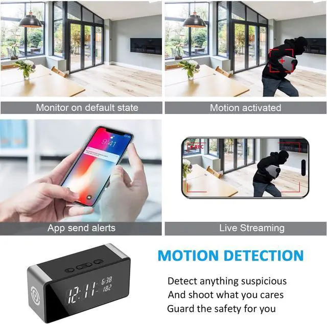 Alt view image 4 of 7 - Home Security Camera 4K WiFi Clock Camera - Nanny Cam with Night Vision, Wide-Angle Lens, and Motion Detection