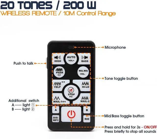 Alt view image 5 of 7 - BooYu 12V 200W 20 Tones Police Warning Emergency Siren PA System for Firefighter Ambulance Vehicles Truck Car SUV ATV UTV[180° Design Speaker][Wireless Remote Handheld Microphone][2 x 10A Switches]