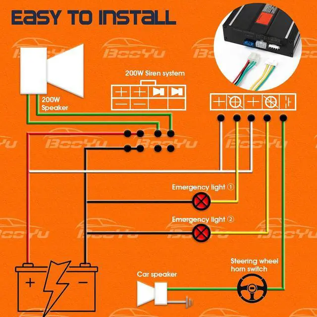 Alt view image 6 of 7 - BooYu 12V 200W 20 Tones Police Warning Emergency Siren PA System for Firefighter Ambulance Vehicles Truck Car SUV ATV UTV[180° Design Speaker][Wireless Remote Handheld Microphone][2 x 10A Switches]