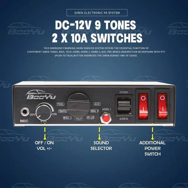 Alt view image 4 of 7 - BooYu 9 Tone 12V 200W Warning Emergency Police Siren PA System [180° Loud Speaker][Handheld Microphone][Hands-Free][125-135dB][2 x 10A Switches] for Firefighter Ambulance Vehicles Truck SUV ATV UTV