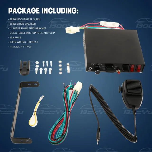 Alt view image 7 of 7 - BooYu 9 Tone 12V 200W Warning Emergency Police Siren PA System [180° Loud Speaker][Handheld Microphone][Hands-Free][125-135dB][2 x 10A Switches] for Firefighter Ambulance Vehicles Truck SUV ATV UTV