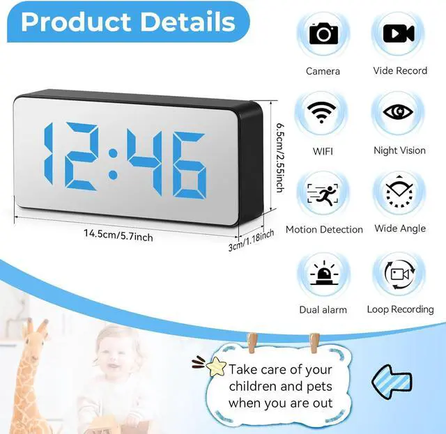 Alt view image 2 of 7 - Hidden Camera Clock 1080P spy Clock,Nanny cam,WiFi Enabled, 150° Wide Angle Lens, Night Vision, Remote Monitoring  Ideal for Spy Surveillance & Nanny Monitoring