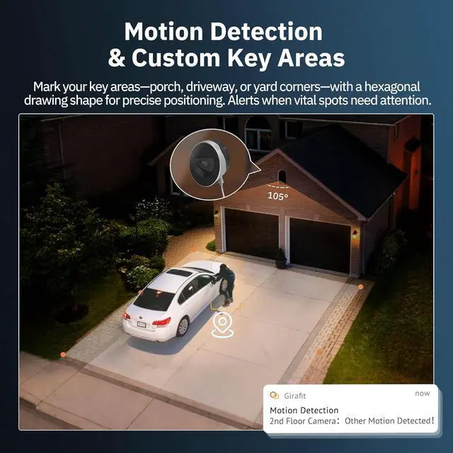 Alt view image 4 of 7 - Girafit 2K 3MP Window Camera with 20°Tilt Angle Camera for Second Floor,2.4GHz/5GHz WiFi Cameras for Home Security,ChroMax AI Color Night Vision,Security Camera for Outdoor Monitor,Motion Detection