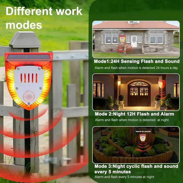 Alt view image 2 of 7 - Solar Outdoor Motion Sensor Alarm - Dog Barking&Gunshot Sound 129db, Light Strobe Light Warning Lamp with USB, Motion Detector Noise Maker Warning Lamp for Home, Villa, Farm, Barn, Yard(4 Pack)