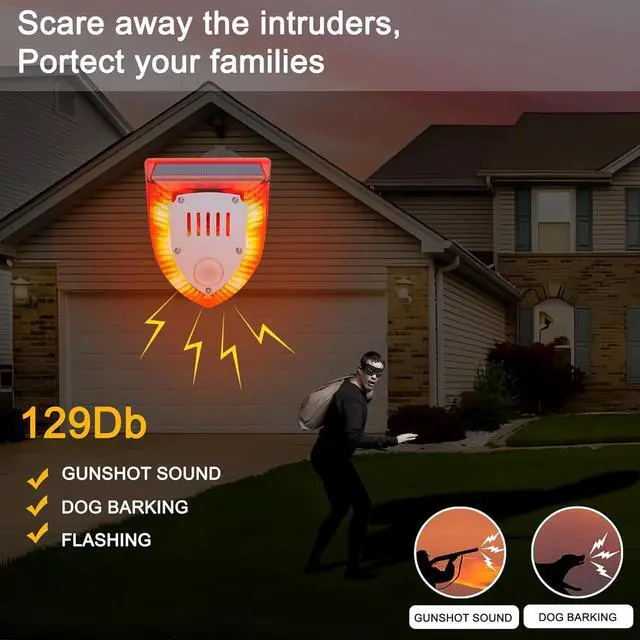 Alt view image 3 of 7 - Solar Outdoor Motion Sensor Alarm - Dog Barking&Gunshot Sound 129db, Light Strobe Light Warning Lamp with USB, Motion Detector Noise Maker Warning Lamp for Home, Villa, Farm, Barn, Yard(4 Pack)